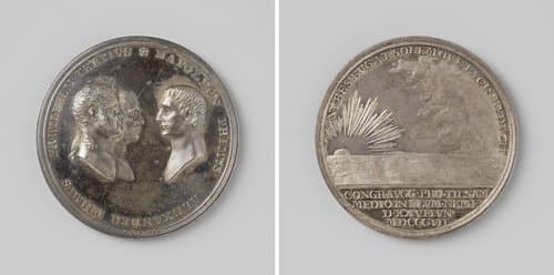 Ontmoeting van Napoleon I Bonaparte, keizer der Fransen, Alexander I, tsaar van Rusland en Frederik Willem III, koning van Pruisen op een vlot in de rivier Njemen bij Tilsit