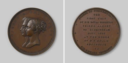 Bezoek van Victoria en Albert, koning en koningin van Engeland aan het atelier van G.R. Collis, opvolger van sir Edward Thomason, penning geslagen ter ere van de hertogin van Sutherland