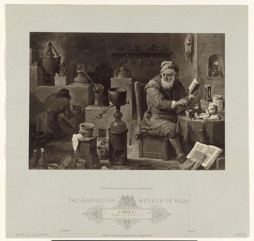 Fotoreproductie van schilderij De alchimist door David Teniers II