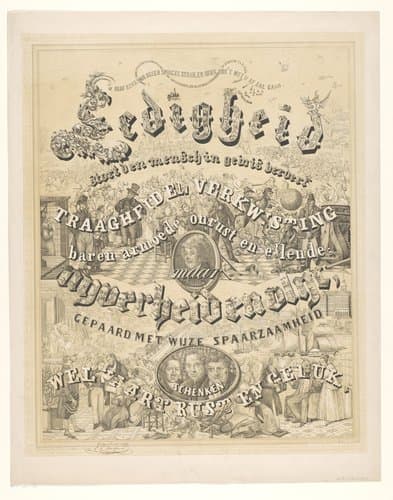 Geïllustreerd citaat over luiheid, verkwisting en nijverheid met portretten