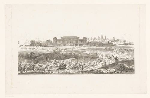 Landschap met zicht op een stad en een naderende cavalerie