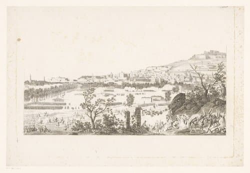 Landschap met veldslag en vluchtende inwoners