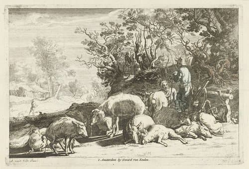 Varkenshoeder met kudde varkens