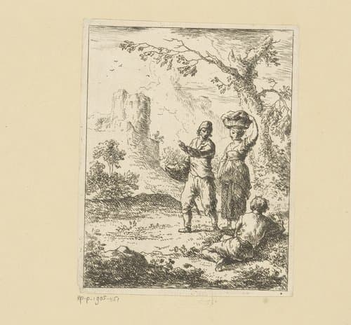 Landschap met drie figuren voor een ruïne