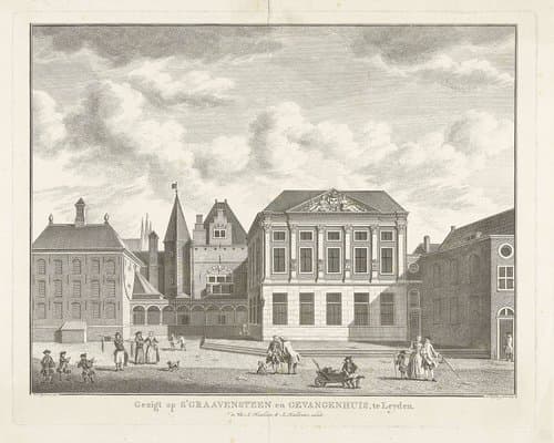 Gezigt op s'Graavensteen en gevangenhuis, te Leyden