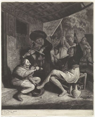 Musicerende mannen en een man die tabak aanbiedt