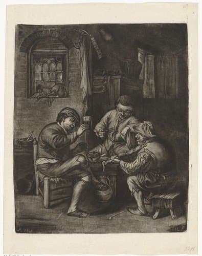 Vioolspelende, rokende en drinkende mannen