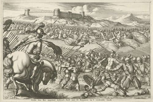 Civilis den Ryn opgedamt hebbende, strydt met de Romainen op 't verdronke landt