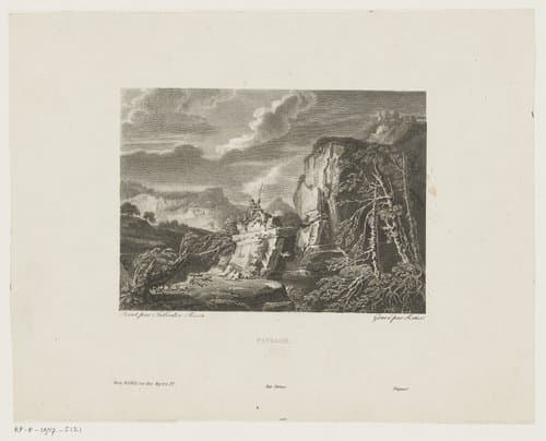 Landschap met soldaten op een rots