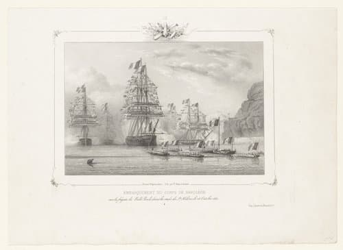Embarquement du corps de Napoléon sur la frégate la Belle Poule dans la rade de Ste Hélène, le 16 octobre 1840