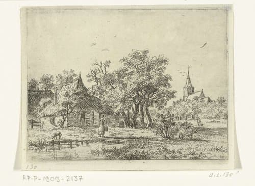 Dorpsgezicht met maagd die water uit de sloot haalt