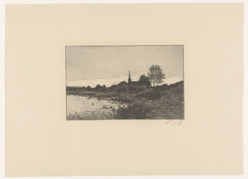 Gezicht op een meer bij het vallen van de avond, op de achtergrond een kerktoren