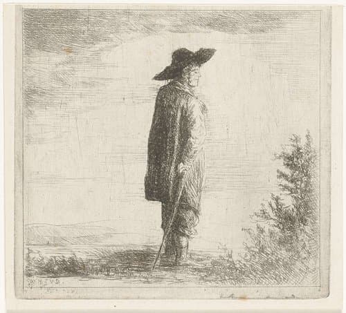 Man met hoed en stok in landschap