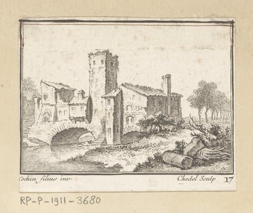 Landschap met een gebouw met toren op een brug