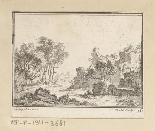 Landschap met rechts een begroeide ruïne