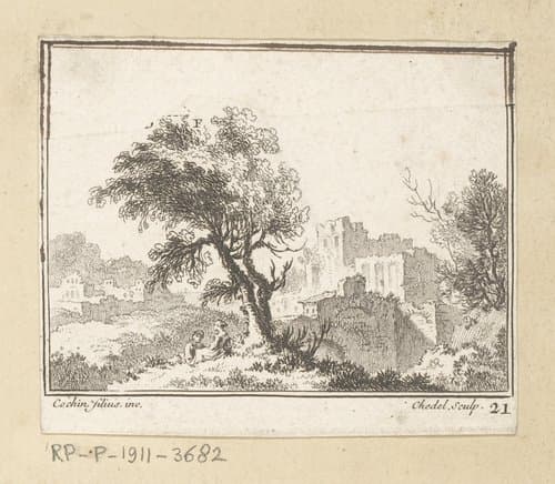 Landschap met twee rustende figuren onder een boom, een ruïne op de achtergrond