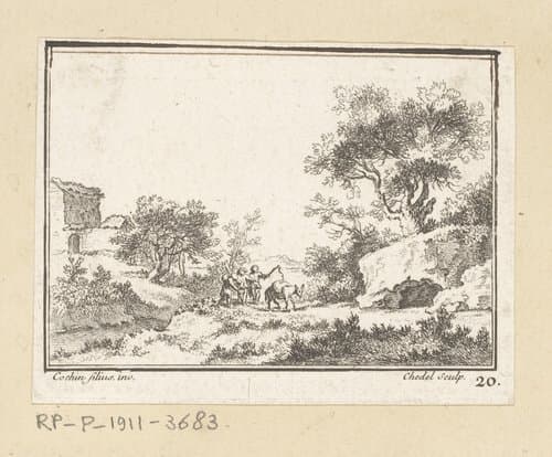 Landschap met drie figuren met een ezel op een pad