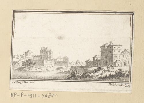 Landschap met drie figuren aan de rand van een stad