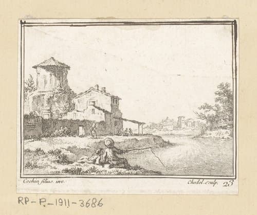 Landschap met twee vissende figuren en een herberg aan een rivier