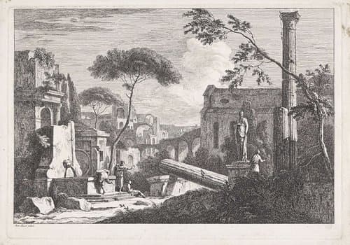 Landschap met ruïnes en fontein