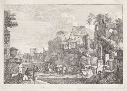 Landschap met ruïnes en reizigers