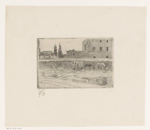 Landschap met bebouwing en een figuur aan het werk