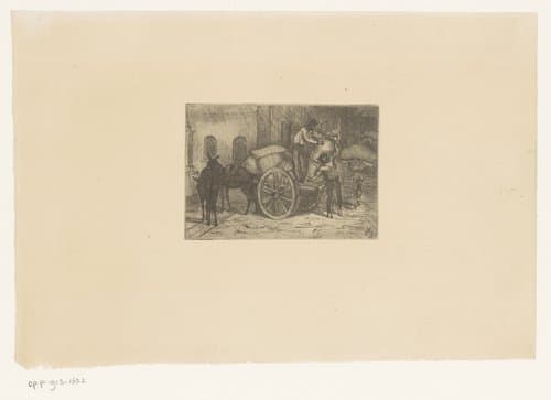 Mannen laden zakken af van een wagen getrokken door muildieren