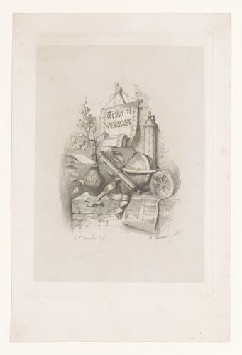 Stilleven met astronomische objecten, een vaas met bloemen, een kruis en een vaandel