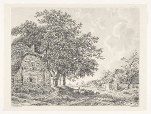 Landschap met boerderijen en schuren