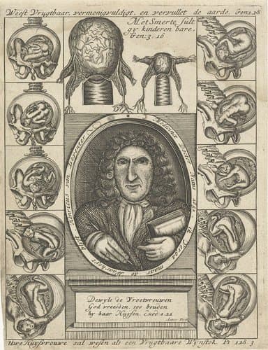 Portret van Hendrik van Deventer en anatomische tekeningen van baarmoeders met foetus