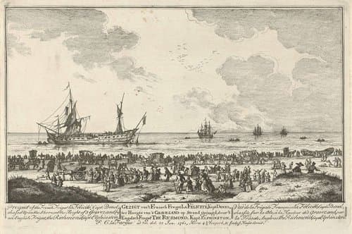 Gezigt van 't Fransch Fregat La Félicité, Kapt. Denel, ter Hoogte van 's Gravezand op Strand gejaagd, door 't Engelsch Fregat The Richmond, Kapt. Elphinston / Prospect of the French Frigat la Félicité (...) / Vuë de la Frégate Françoise la Félicité (...)