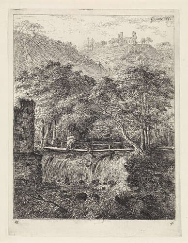 Man op een brug boven een waterval