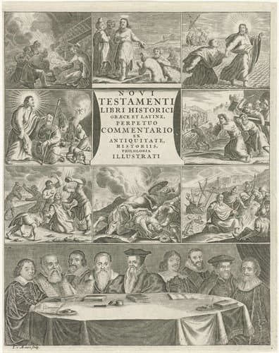 Voorstellingen uit het Nieuwe Testament en negen geleerden rond een tafel