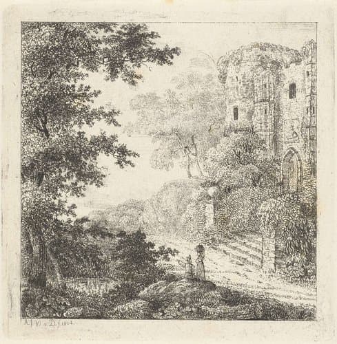 Landschap met figuren bij ruïne van kasteel