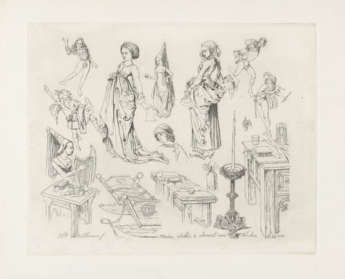 Studieblad met dansende en musicerende figuren