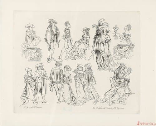 Studieblad met verschillende paren met Middeleeuwse kleding