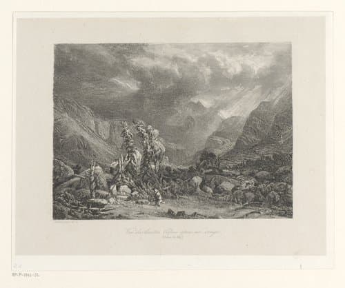 Berglandschap met figuren in een vallei na een storm