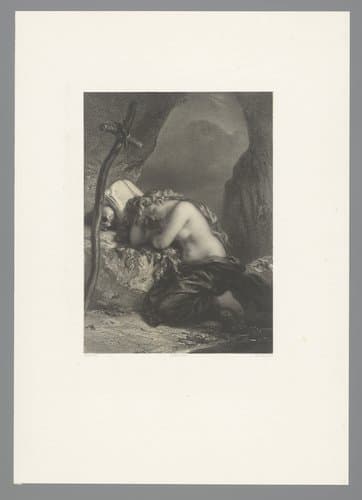 Maria Magdalena met haar hoofd rustend op een rotsblok