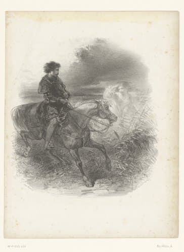 Ruiter ziet geest op een vlakte