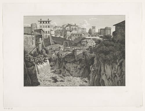 Gezicht op Tivoli, met de tempel van Vesta in de verte