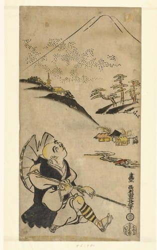 De dichter-priester Saigyo Hoshi opkijkend naar de Fuji berg