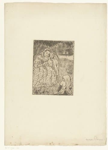 Vrouw met twee meisjes in een weide