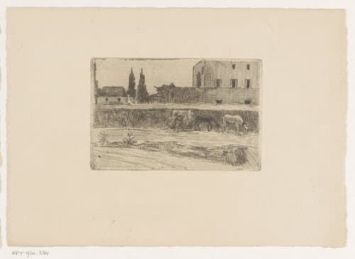 Landschap met bebouwing en een figuur aan het werk