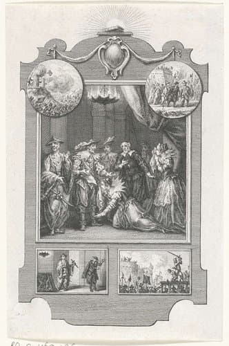 Geknielde vrouw bij een groep edelen en Chinezen