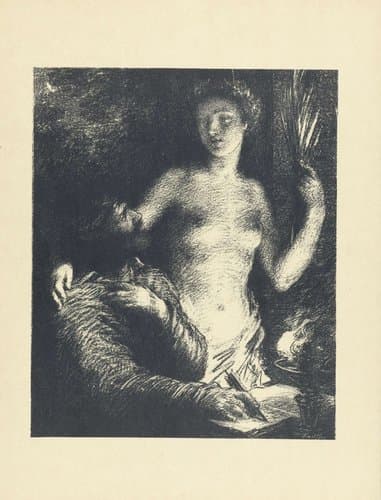 Man zittend met pen in hand en opengeslagen boek en naast hem staande naakte vrouw als muze of Inspiratie