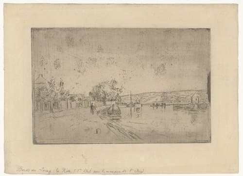 Gezicht op de rivier Loing met boten vanaf de oever