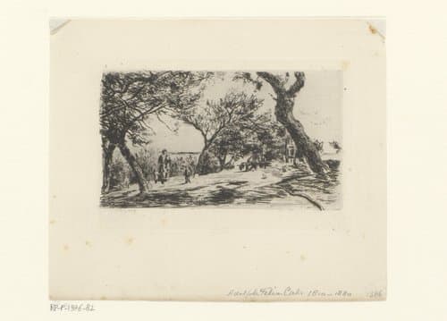 Landschap met figuren aan een tafel en een vrouw met kinderen