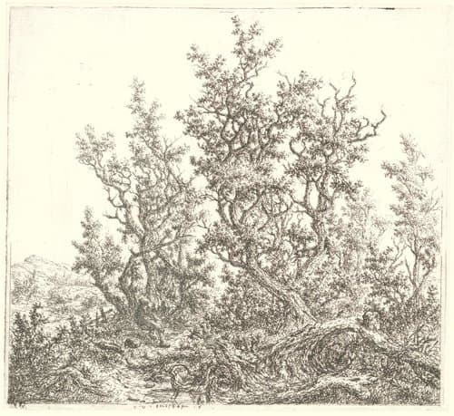 Landschap met een groep eiken en een rustende man