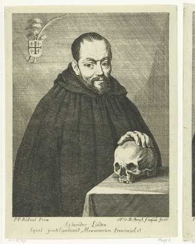 Portret van monnik F.J. van der Linden met doodshoofd