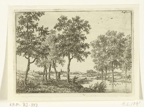 Landschap met jager die op wilde eenden schiet